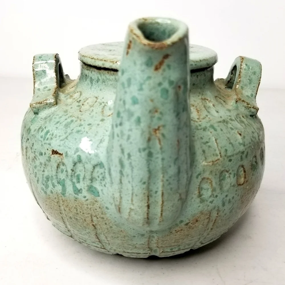 Rare Unique Vintage Art Pottery Green TeaPot , Artist Signed 12/25/75